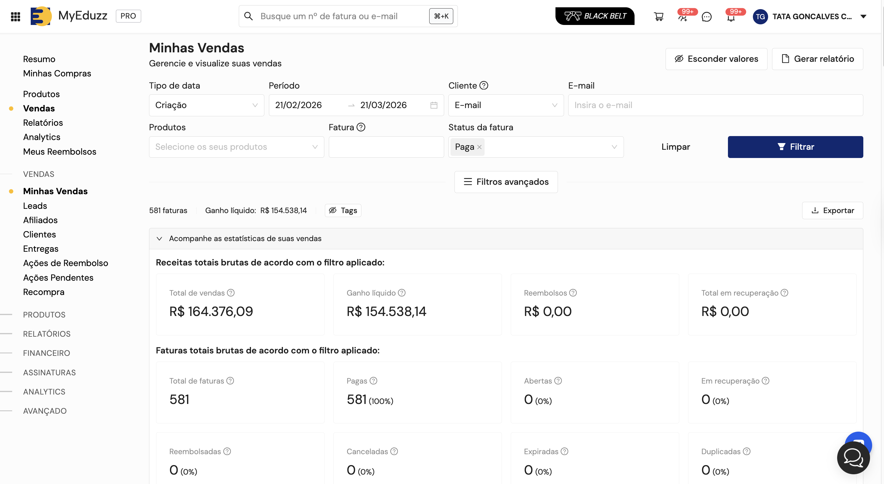 Print Eduzz — R$164.376 faturados, 581 vendas